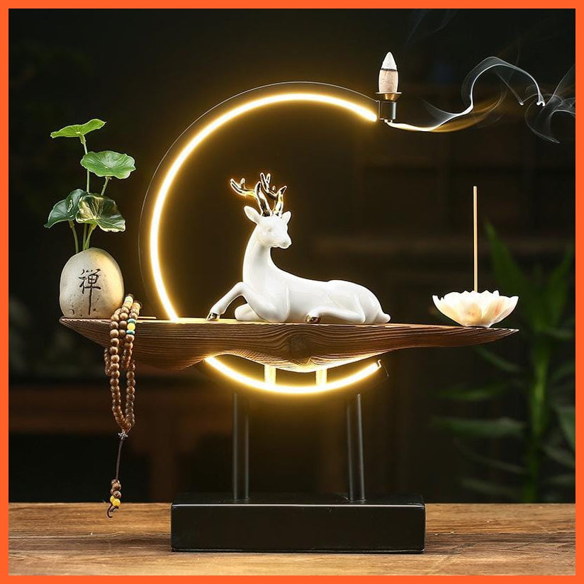 whatagift.com.au Beautiful Buddhist Backflow Incense Holder | Lotus White Deer Incense Holder With Lamp For Home Decoration