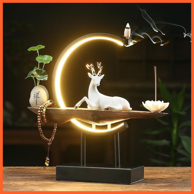 whatagift.com.au Beautiful Buddhist Backflow Incense Holder | Lotus White Deer Incense Holder With Lamp For Home Decoration