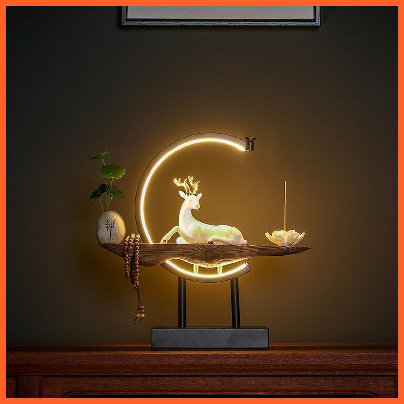 whatagift.com.au Beautiful Buddhist Backflow Incense Holder | Lotus White Deer Incense Holder With Lamp For Home Decoration