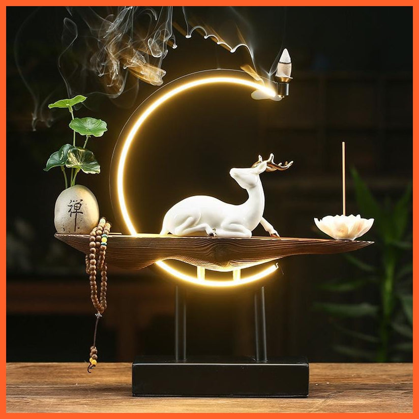 whatagift.com.au Beautiful Buddhist Backflow Incense Holder | Lotus White Deer Incense Holder With Lamp For Home Decoration