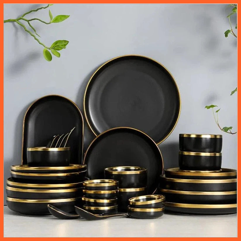 whatagift.com.au Black Color High-quality Matte Gilt Rim White Porcelain Ceramic Dinner Plates Bowl