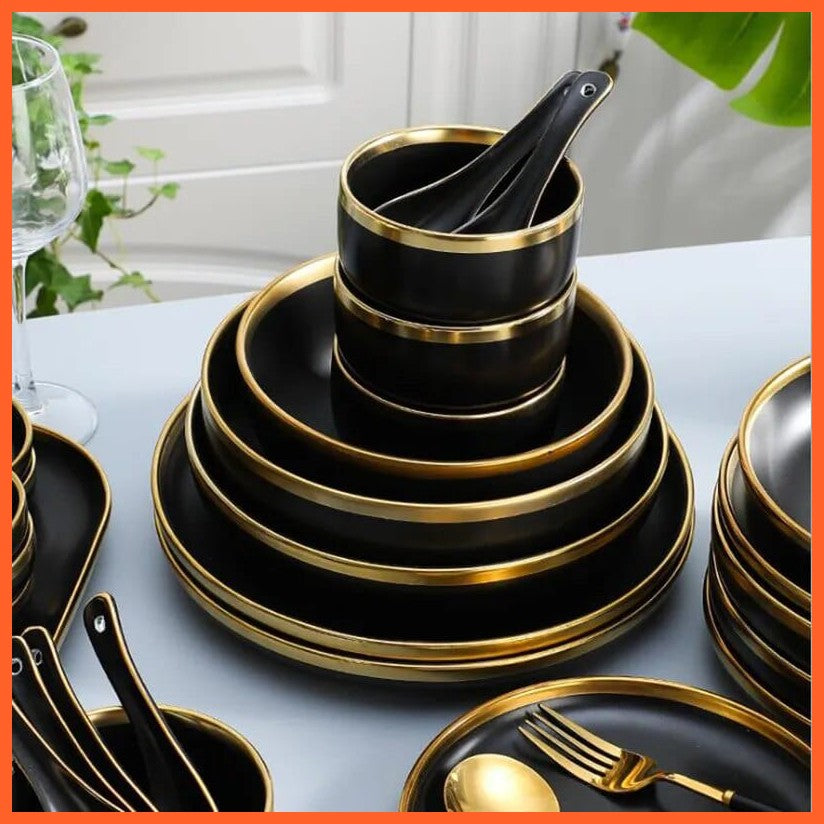 whatagift.com.au Black Color High-quality Matte Gilt Rim White Porcelain Ceramic Dinner Plates Bowl