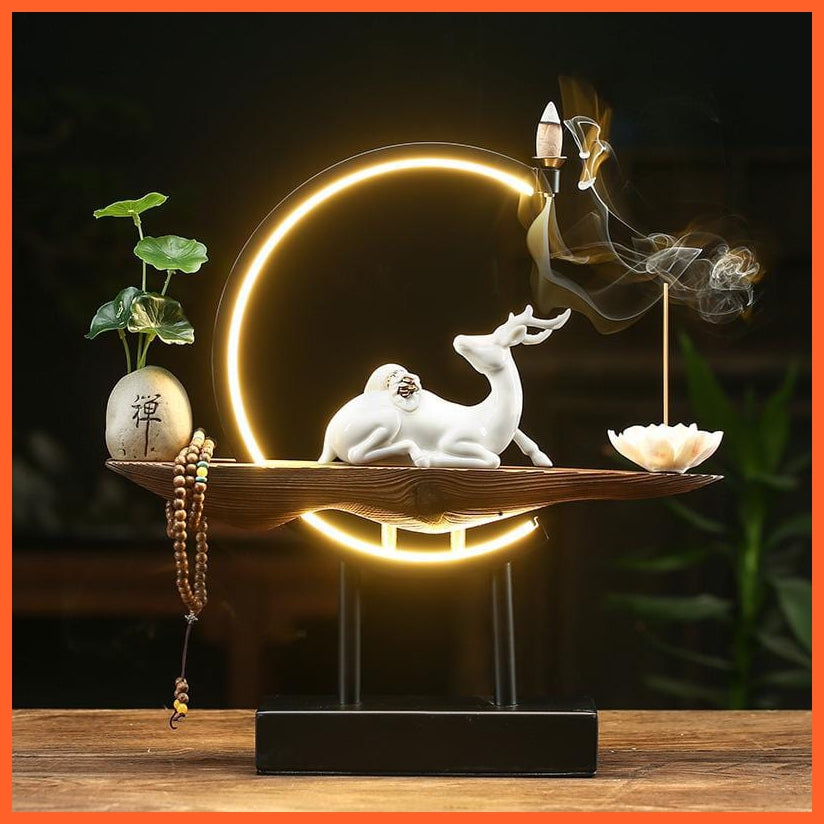 whatagift.com.au China / 3 Beautiful Buddhist Backflow Incense Holder | Lotus White Deer Incense Holder With Lamp For Home Decoration