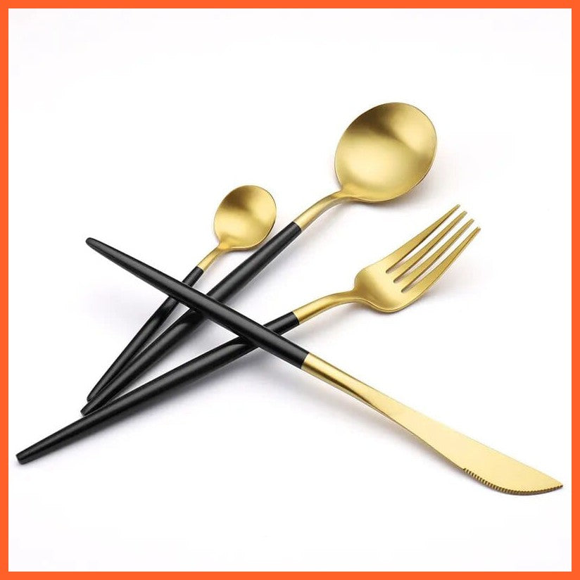 whatagift.com.au Cutlery Set (4pcs) Black Color High-quality Matte Gilt Rim White Porcelain Ceramic Dinner Plates Bowl