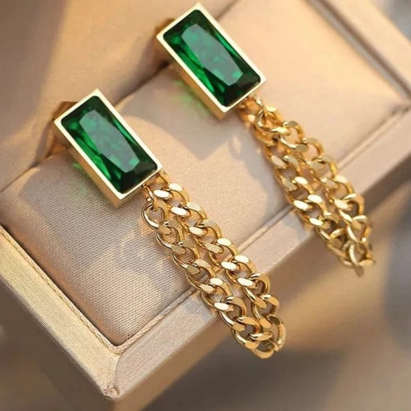 whatagift.com.au Earrings / China Rectangle Green Crystal Stainless Steel Chain Tassel Earrings Bracelet and Necklace Set