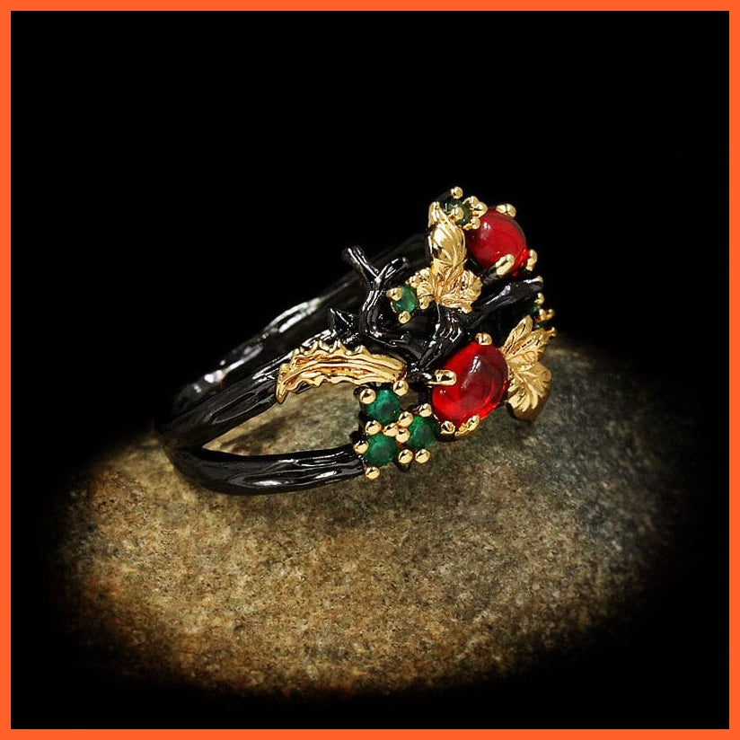 whatagift.com.au Exquisite Leaf Flower Black Gold Two-color Red Zircon Ring Women
