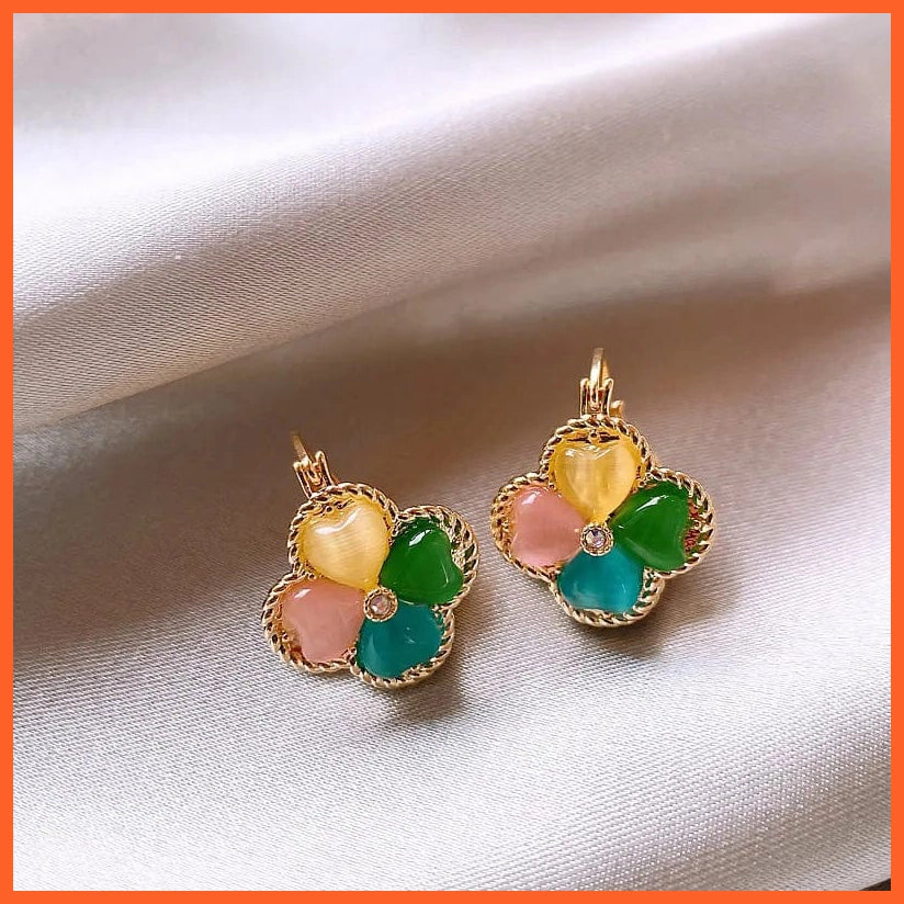 whatagift.com.au Gold-color Colorful Heart Shaped Opals Flower Earrings