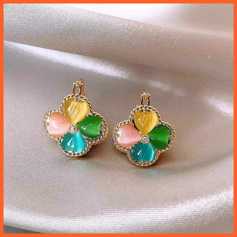 whatagift.com.au Gold-color Colorful Heart Shaped Opals Flower Earrings