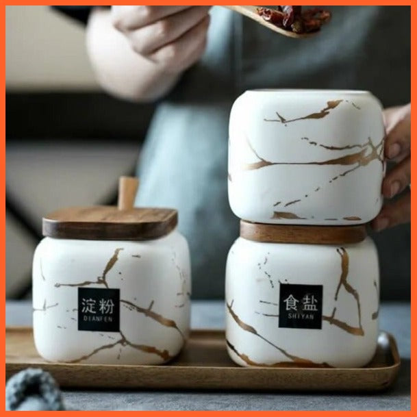 whatagift.com.au Matte Marbled Ceramic Seasoning Can Set - Stylish Kitchen Accessories
