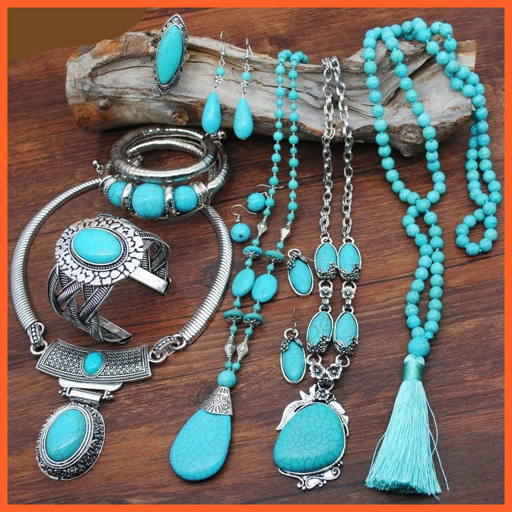 whatagift.com.au New Turquoise Bracelet Necklace Bracelet Earring Ring Jewelry Sets Women