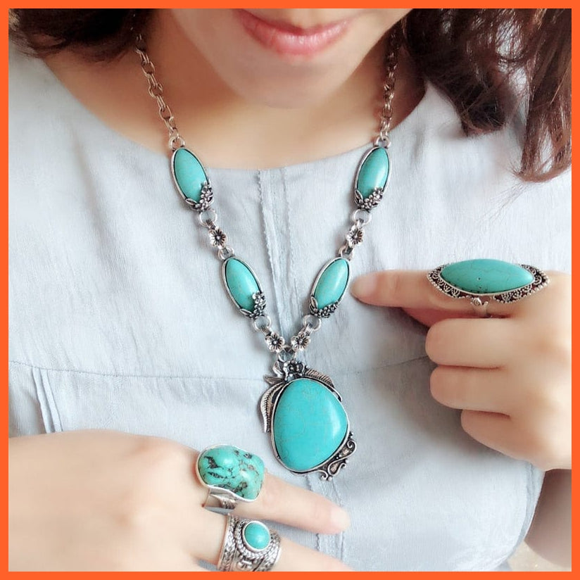 whatagift.com.au New Turquoise Bracelet Necklace Bracelet Earring Ring Jewelry Sets Women