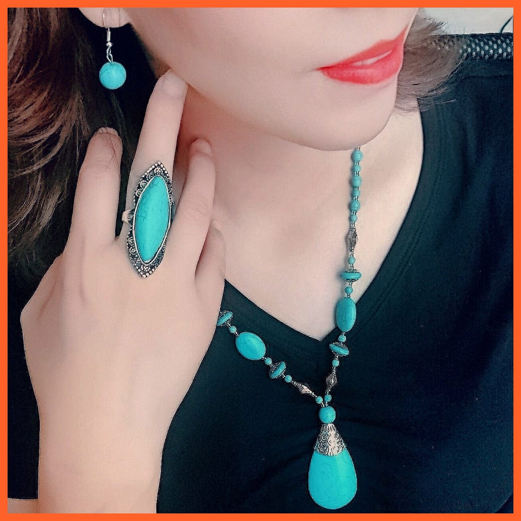 whatagift.com.au New Turquoise Bracelet Necklace Bracelet Earring Ring Jewelry Sets Women