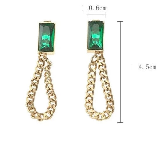 whatagift.com.au Rectangle Green Crystal Stainless Steel Chain Tassel Earrings Bracelet and Necklace Set