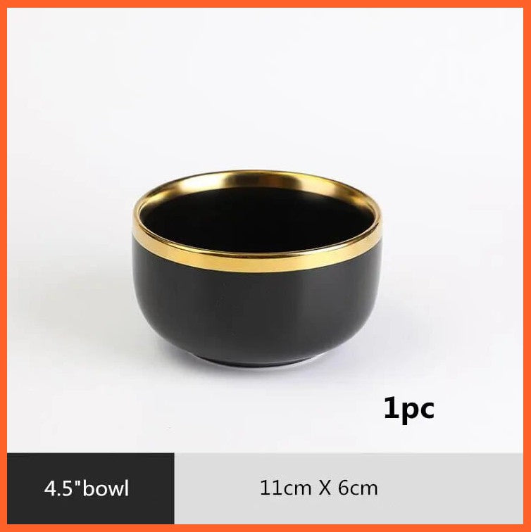 whatagift.com.au Rice Bowl 1pcs Black Color High-quality Matte Gilt Rim White Porcelain Ceramic Dinner Plates Bowl