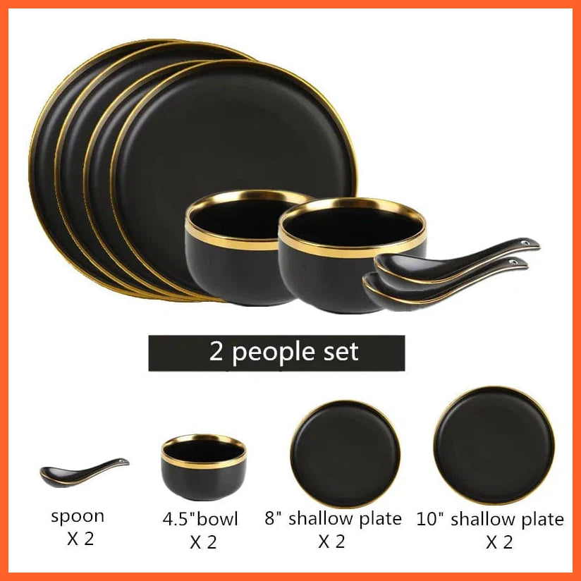 whatagift.com.au Set A2(8pcs) Black Color High-quality Matte Gilt Rim White Porcelain Ceramic Dinner Plates Bowl