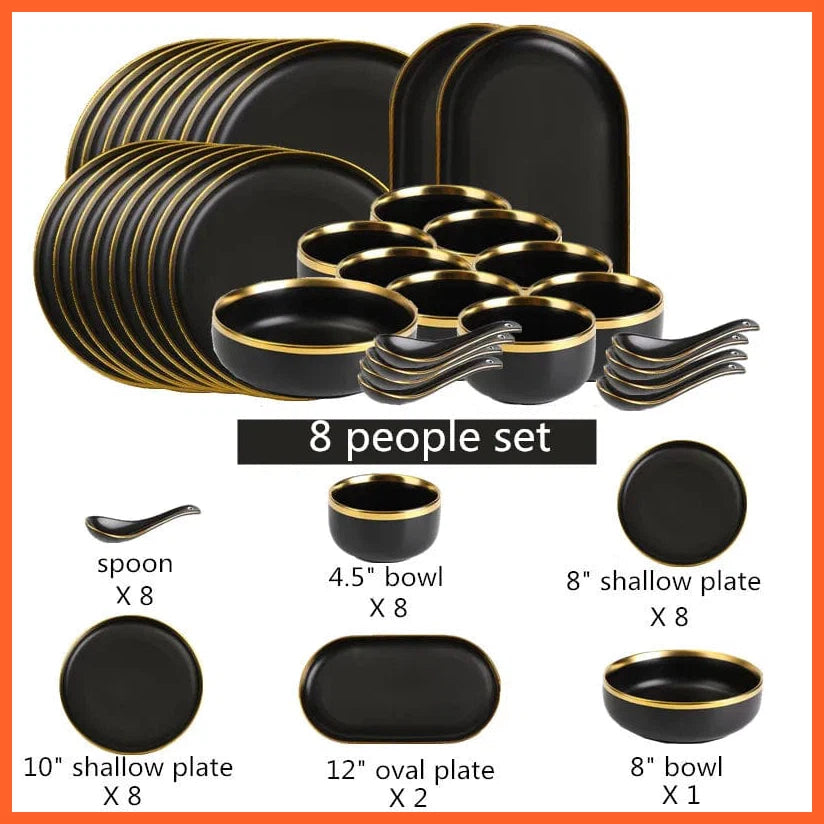 whatagift.com.au Set A8(35pcs) Black Color High-quality Matte Gilt Rim White Porcelain Ceramic Dinner Plates Bowl