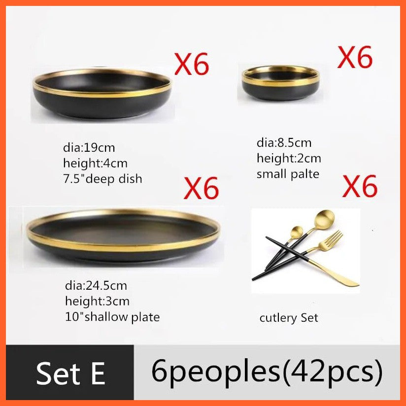 whatagift.com.au Set E(42pcs) Black Color High-quality Matte Gilt Rim White Porcelain Ceramic Dinner Plates Bowl