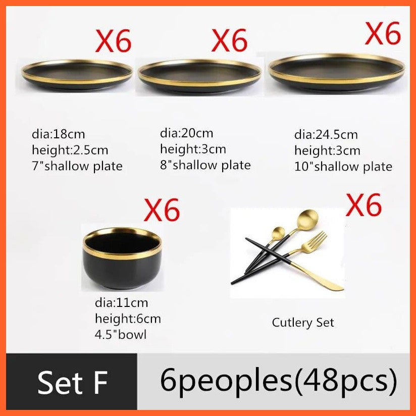 whatagift.com.au Set F(48pcs) Black Color High-quality Matte Gilt Rim White Porcelain Ceramic Dinner Plates Bowl