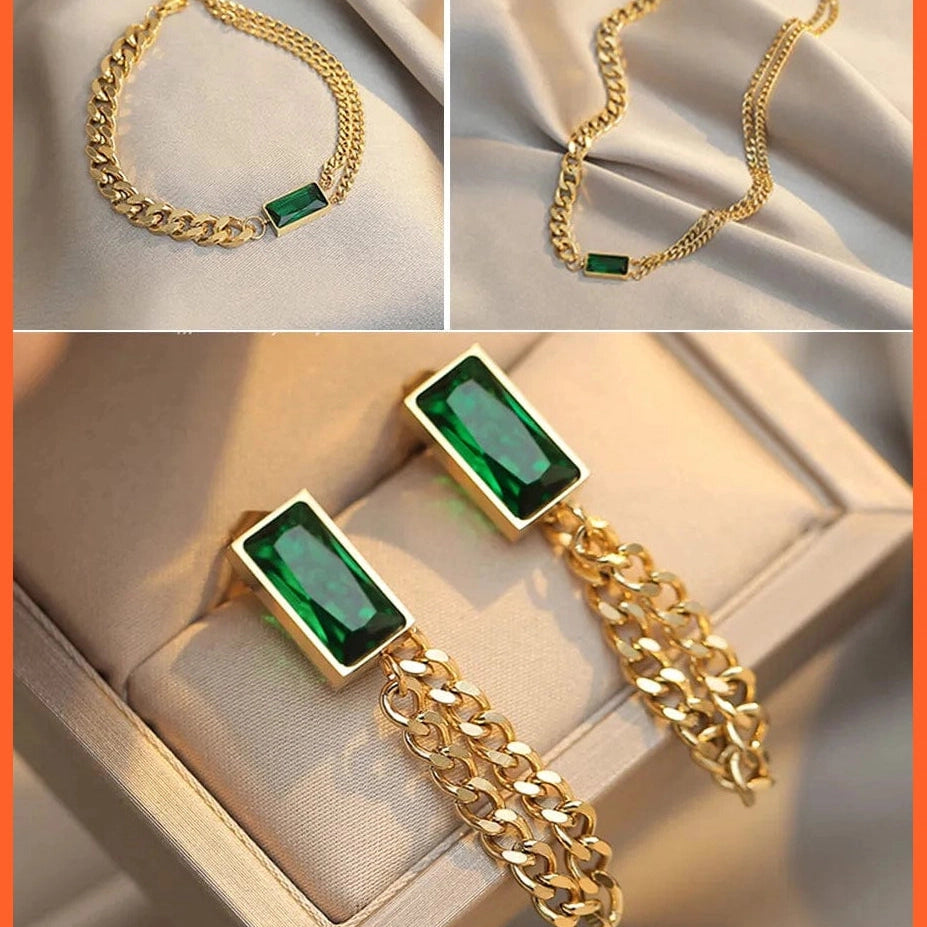 whatagift.com.au three-piece / China Rectangle Green Crystal Stainless Steel Chain Tassel Earrings Bracelet and Necklace Set