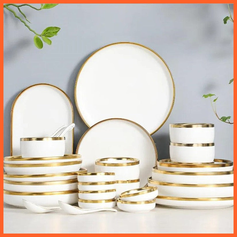 whatagift.com.au White Color High-quality Matte Gilt Rim White Porcelain Ceramic Dinner Plates Bowl