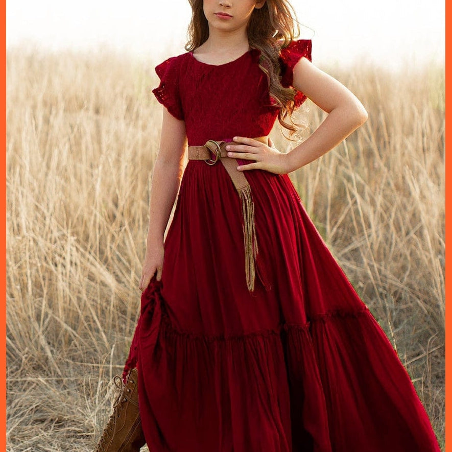 whatagift.com.au Wine Red / 3y Girls Lace Cotton Long Princess Dresses