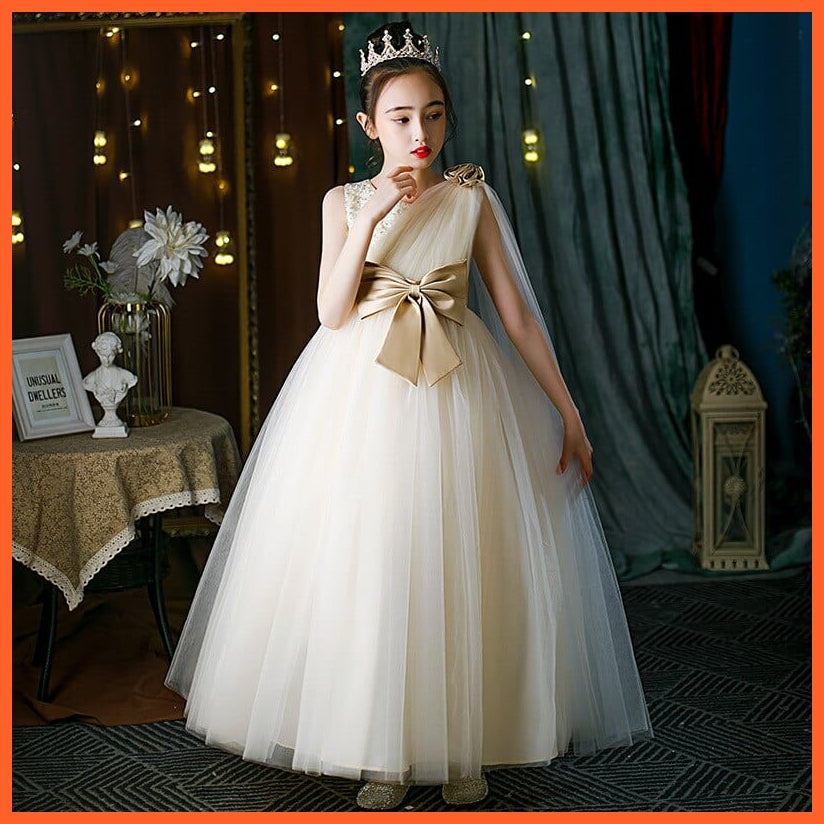 whatagift.com.au 0 champagne Long / 4T Flower Girls Tutu Dress | Elegant Mesh Bow Piano Performance Costume