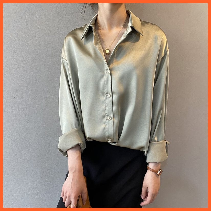 whatagift.com.au 0 Green / S Autumn Fashion Button Up Satin Silk Shirt Vintage Blouse Women White Lady Long Sleeves Female Loose Street Shirts 11355