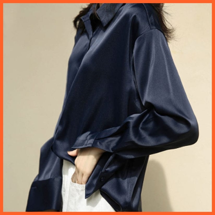whatagift.com.au 0 Royal Blue / S Autumn Fashion Button Up Satin Silk Shirt Vintage Blouse Women White Lady Long Sleeves Female Loose Street Shirts 11355