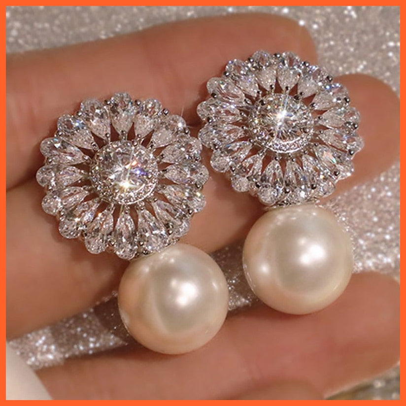 whatagift.com.au 073 White Gold Imitation Pearl Drop Earrings with Cubic Zirconia For Women