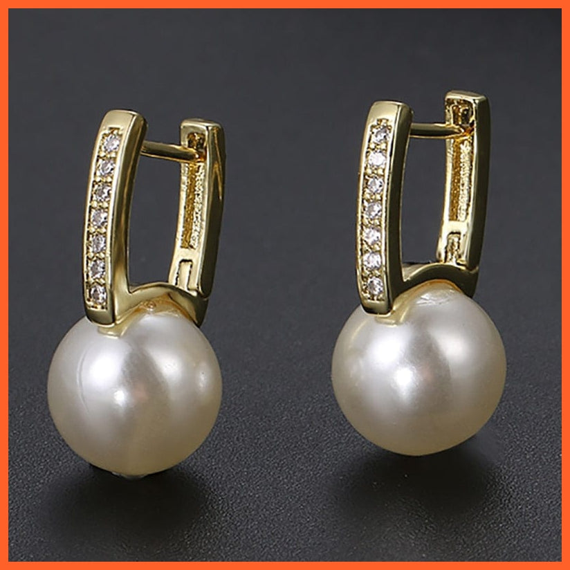 whatagift.com.au 091 Yellow Gold Imitation Pearl Drop Earrings with Cubic Zirconia For Women