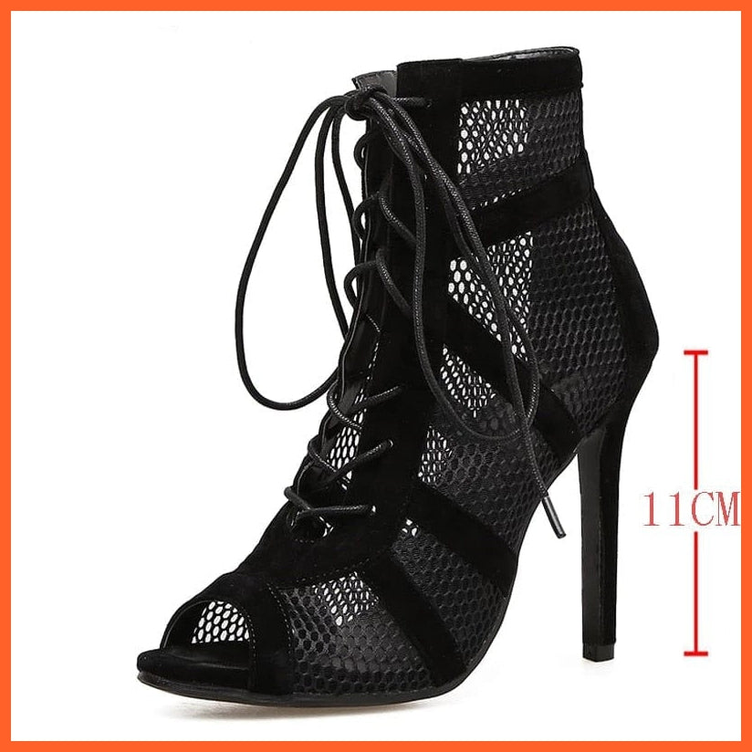 whatagift.com.au 11CM-Black / 4 Aneikeh 2022 Fashion Basic Sandals Boots Women High Heels Pumps Sexy Hollow Out Mesh Lace-Up Cross-tied Boots Party Shoes 35-42