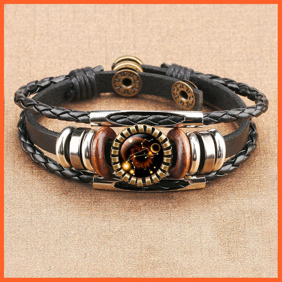 whatagift.com.au 12 Constellation Zodiac Sign Black Braided Leather Bracelet