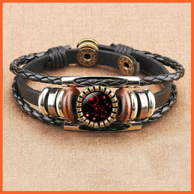 whatagift.com.au 12 Constellation Zodiac Sign Black Braided Leather Bracelet