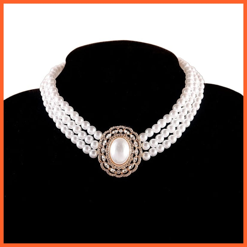 whatagift.com.au 2 Luxury Baroque Three Layer Pearl Collar Choker | Vintage Big Olva Rhinestone Clavicle Necklaces