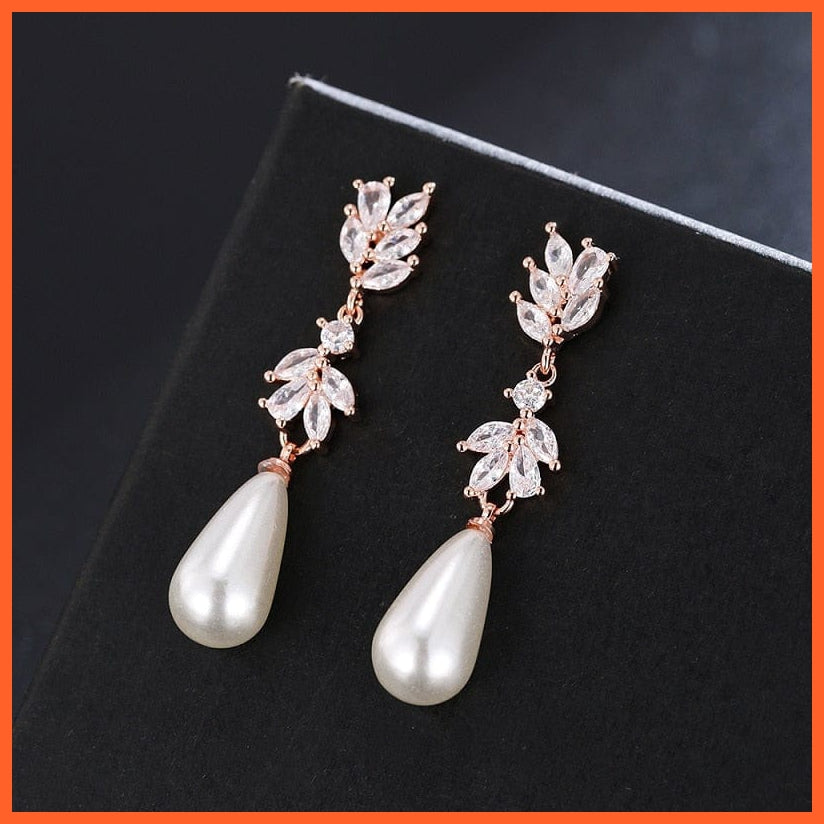 whatagift.com.au 241 Rose Gold Imitation Pearl Drop Earrings with Cubic Zirconia For Women