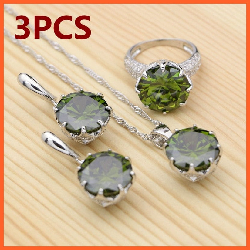 whatagift.com.au 3PCS / 6 Olive Green 925 Silver Jewelry Sets For Women | Crystal Ring Bracelet Necklace Pendant Earrings