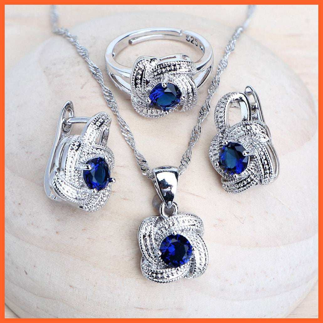 whatagift.com.au 3PCS-Blue / Resizable Blue Zirconia 925 Sterling Silver Earrings Rings Bracelets Pendant Necklace Set For Women
