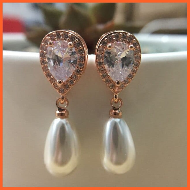 whatagift.com.au 429 Rose Gold Imitation Pearl Drop Earrings with Cubic Zirconia For Women