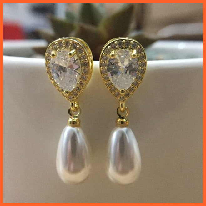 whatagift.com.au 429 Yellow Gold Imitation Pearl Drop Earrings with Cubic Zirconia For Women