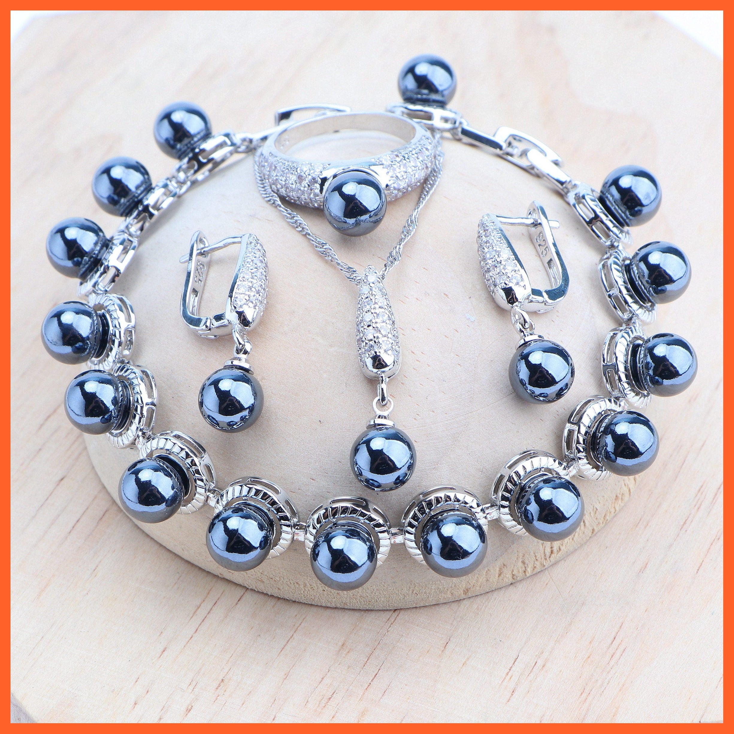 whatagift.com.au 4PCS-Black / 6 Black Pearls 925 Silver Ring Bracelets Earrings Pendants Necklace Set For Women | Best Gift for Women Day Mothers Day Valentines Day