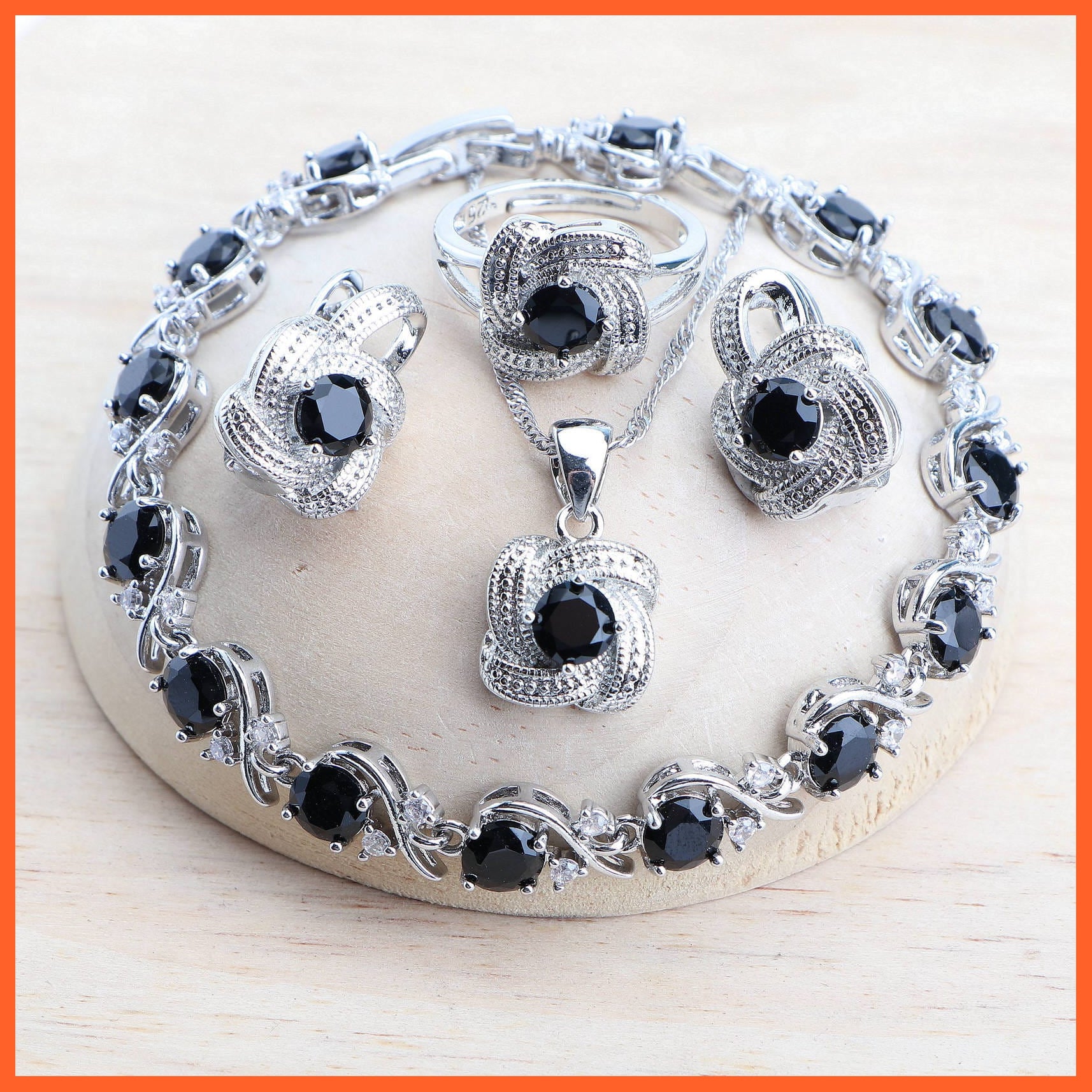 whatagift.com.au 4PCS-Black / Resizable Blue Zirconia 925 Sterling Silver Earrings Rings Bracelets Pendant Necklace Set For Women