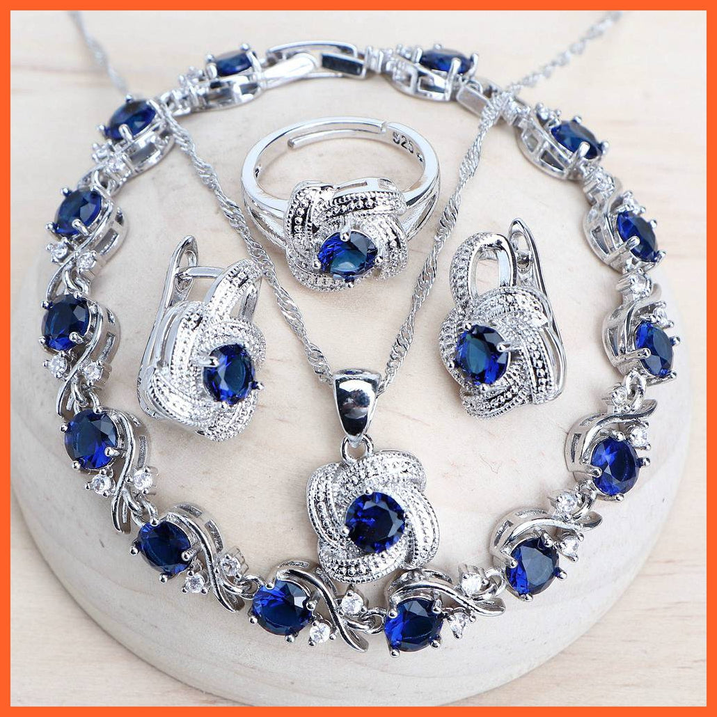 whatagift.com.au 4PCS-Blue / Resizable Blue Zirconia 925 Sterling Silver Earrings Rings Bracelets Pendant Necklace Set For Women