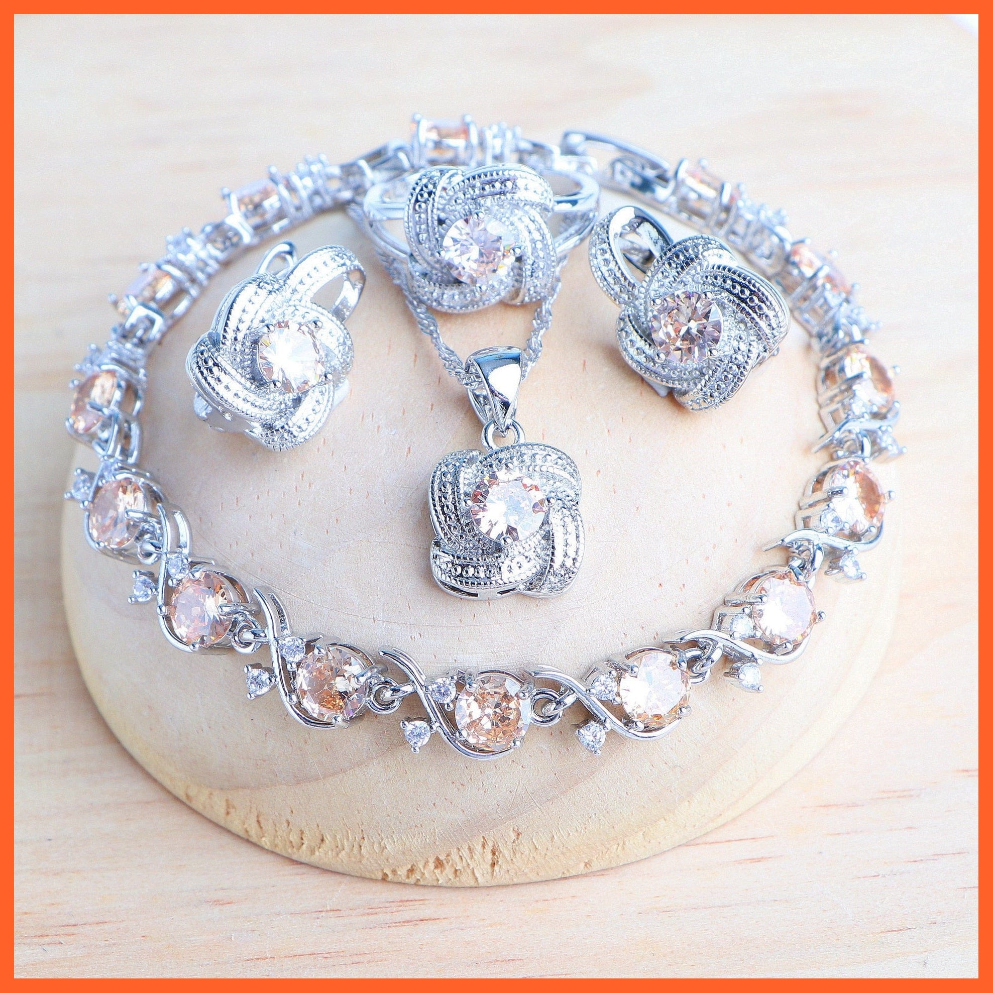 whatagift.com.au 4PCS-Champagne / Resizable Blue Zirconia 925 Sterling Silver Earrings Rings Bracelets Pendant Necklace Set For Women