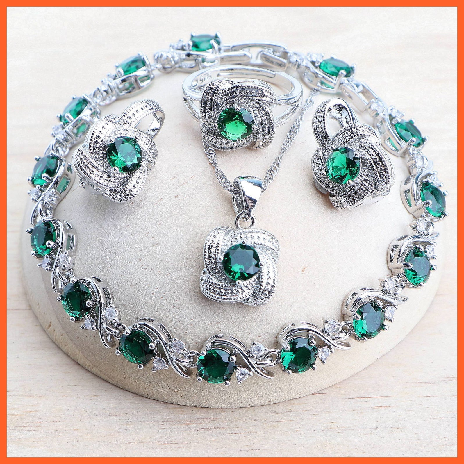 whatagift.com.au 4PCS-Green / Resizable Blue Zirconia 925 Sterling Silver Earrings Rings Bracelets Pendant Necklace Set For Women