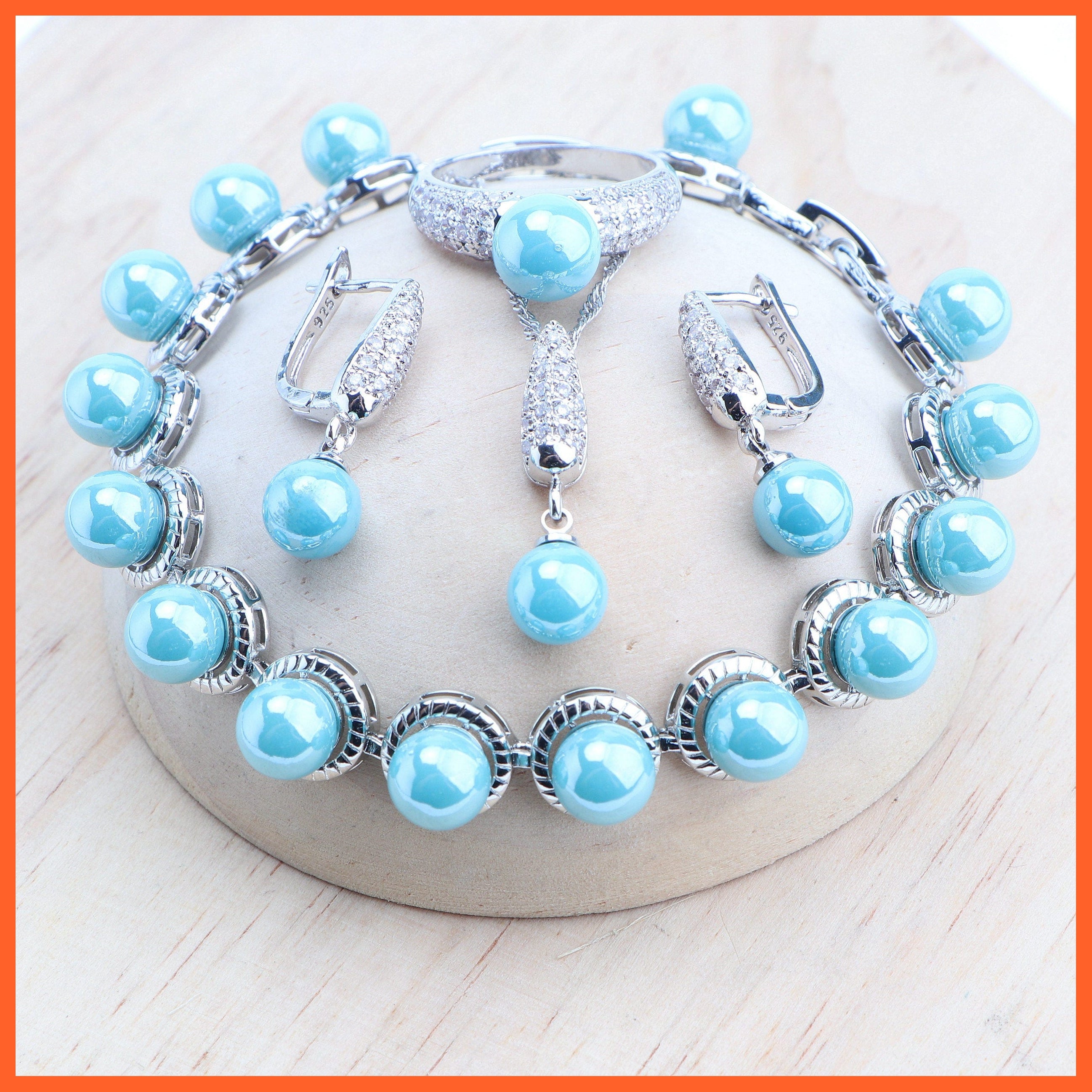 whatagift.com.au 4PCS-Light Blue / 6 Black Pearls 925 Silver Ring Bracelets Earrings Pendants Necklace Set For Women | Best Gift for Women Day Mothers Day Valentines Day