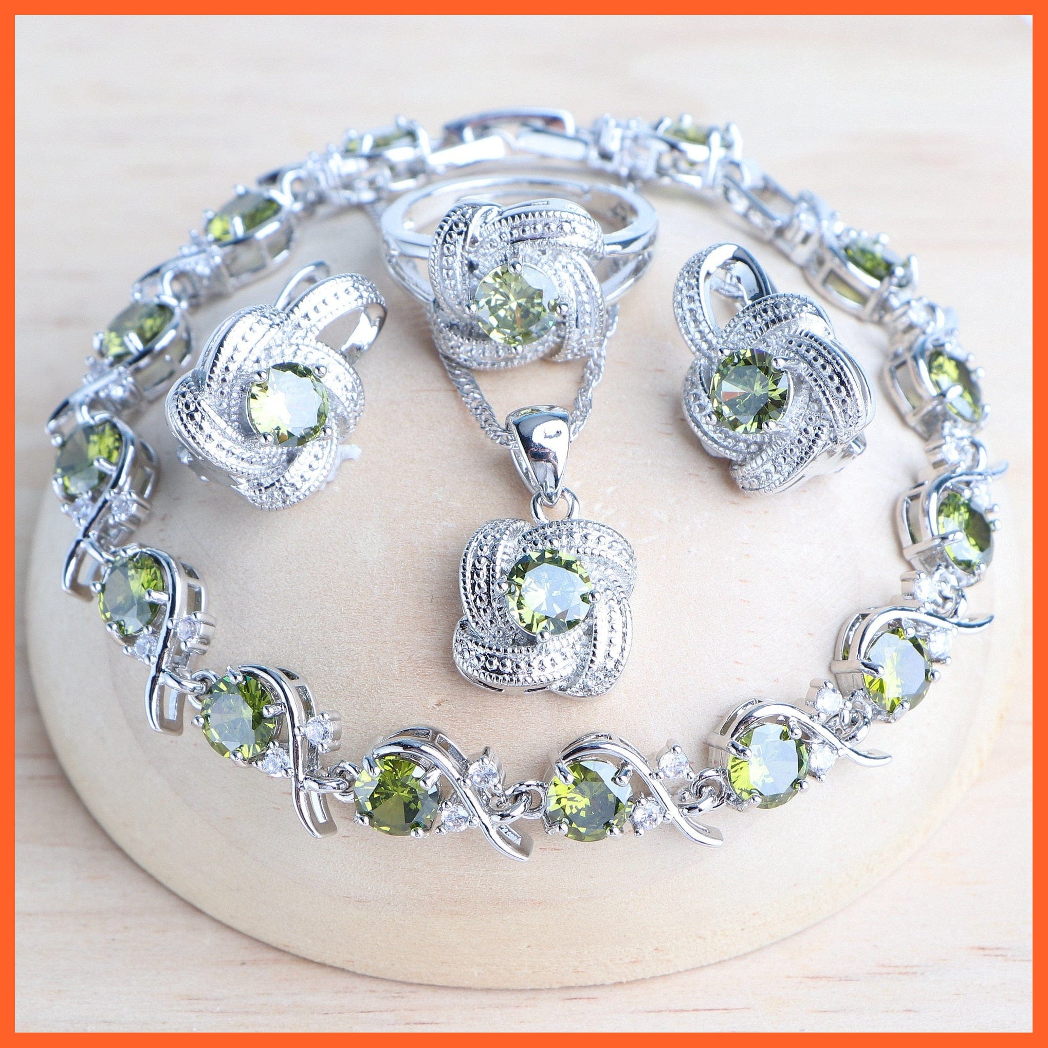 whatagift.com.au 4PCS-Olive / Resizable Blue Zirconia 925 Sterling Silver Earrings Rings Bracelets Pendant Necklace Set For Women