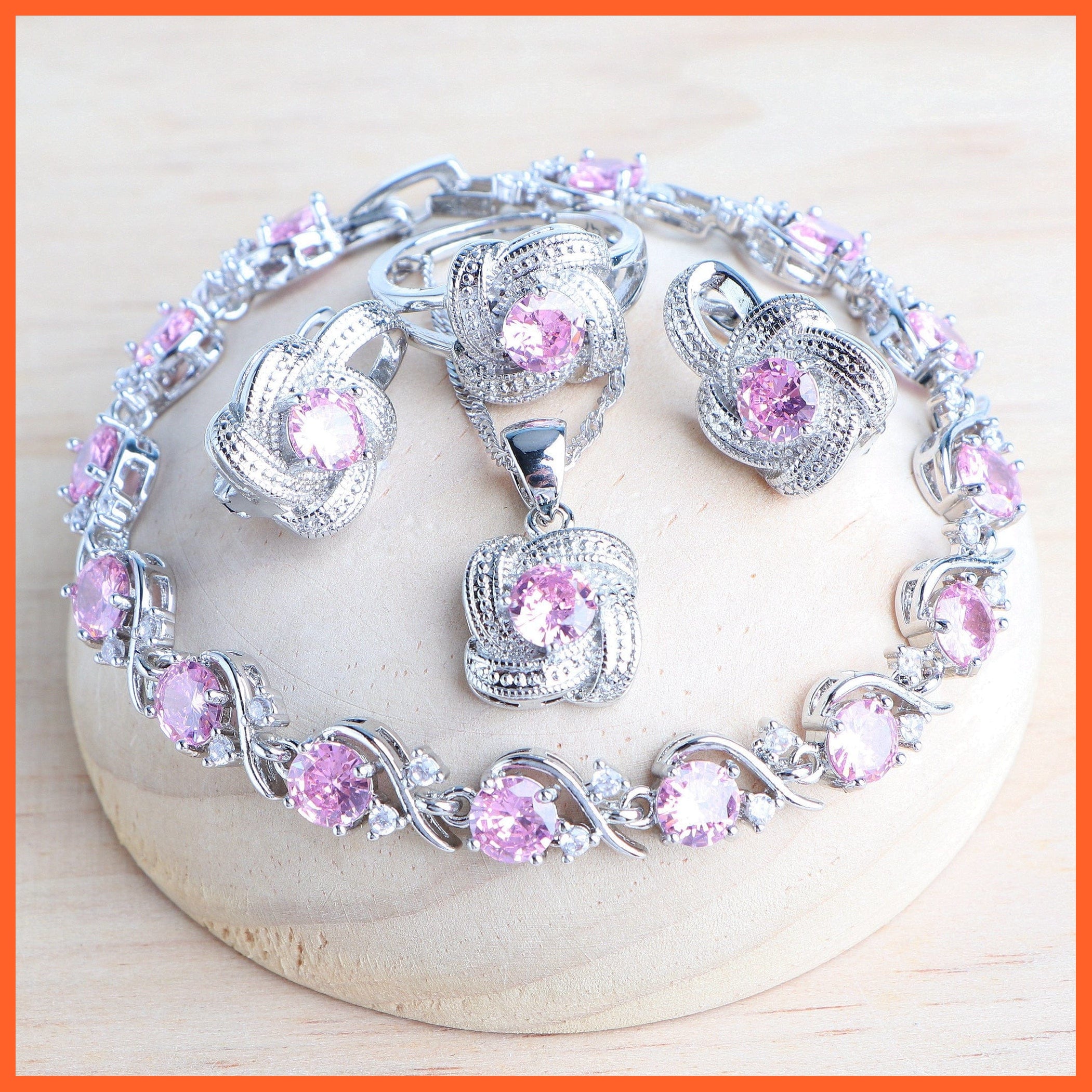 whatagift.com.au 4PCS-Pink / Resizable Blue Zirconia 925 Sterling Silver Earrings Rings Bracelets Pendant Necklace Set For Women