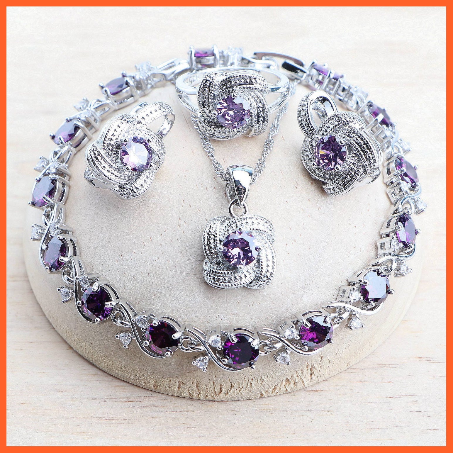 whatagift.com.au 4PCS-Purple / Resizable Blue Zirconia 925 Sterling Silver Earrings Rings Bracelets Pendant Necklace Set For Women