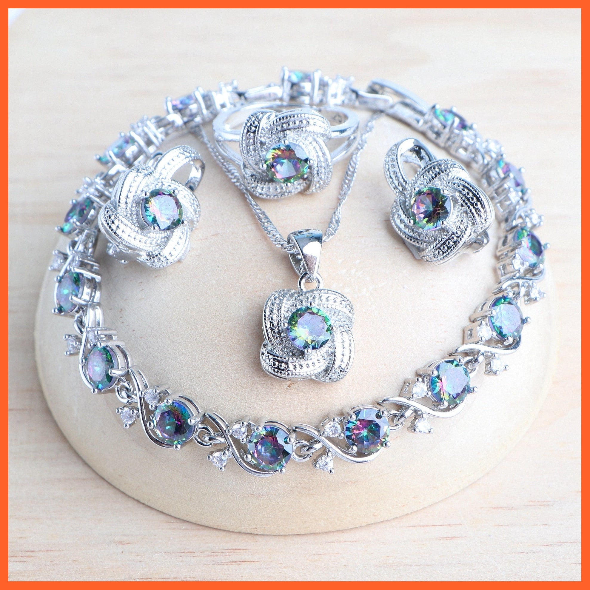 whatagift.com.au 4PCS-Rainbow / Resizable Blue Zirconia 925 Sterling Silver Earrings Rings Bracelets Pendant Necklace Set For Women