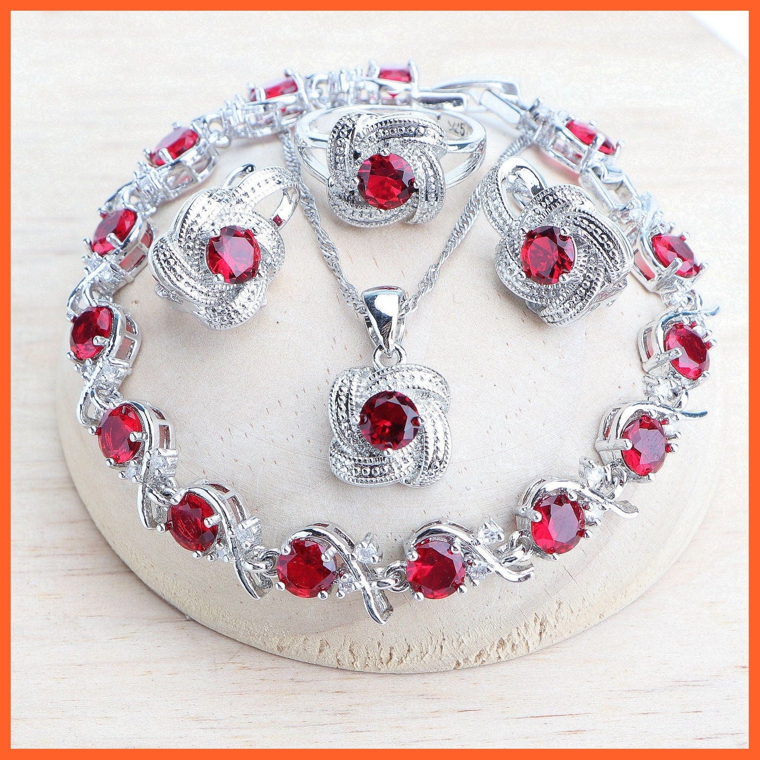 whatagift.com.au 4PCS-Red / Resizable Blue Zirconia 925 Sterling Silver Earrings Rings Bracelets Pendant Necklace Set For Women